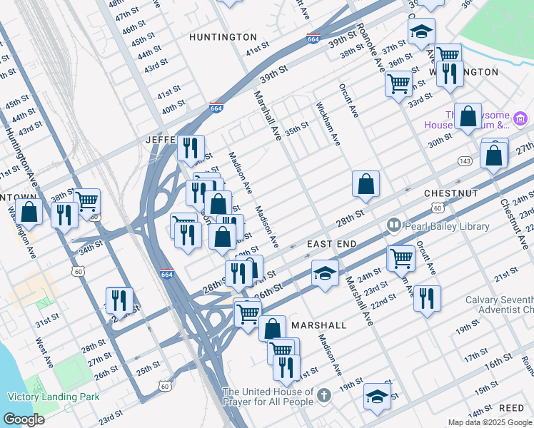 map of restaurants, bars, coffee shops, grocery stores, and more near 712 32nd Street in Newport News