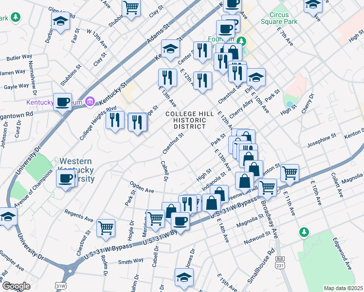 map of restaurants, bars, coffee shops, grocery stores, and more near 1332 Chestnut Street in Bowling Green