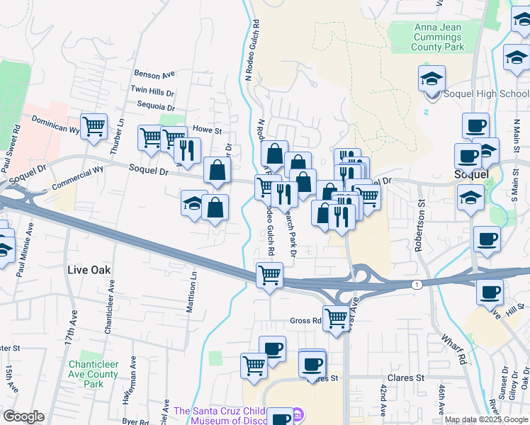 map of restaurants, bars, coffee shops, grocery stores, and more near 2854 South Rodeo Gulch Road in Soquel