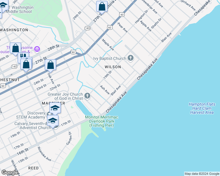 map of restaurants, bars, coffee shops, grocery stores, and more near 43 Cedar Avenue in Newport News