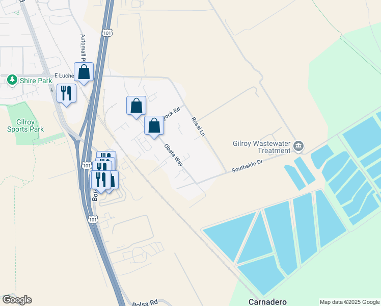 map of restaurants, bars, coffee shops, grocery stores, and more near 5810 Obata Way in Gilroy