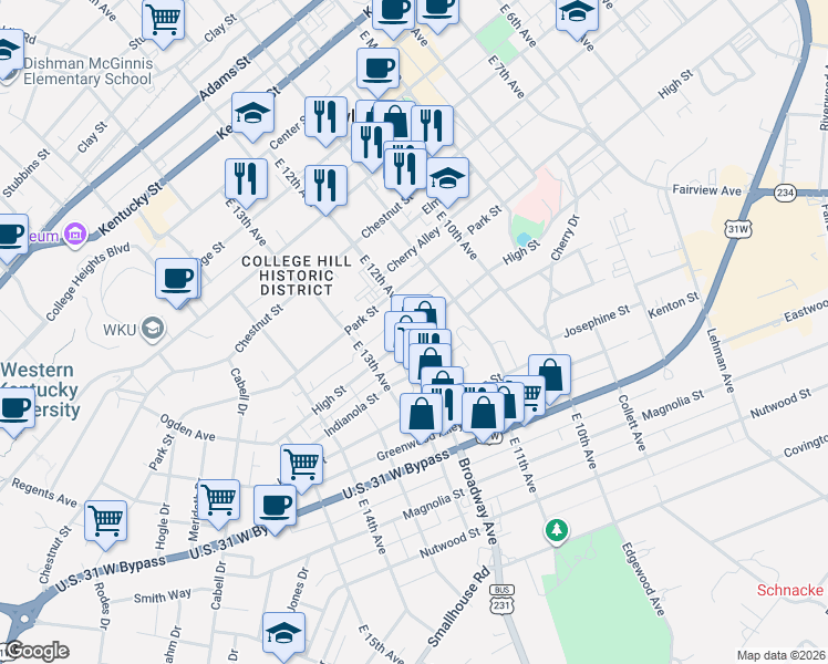 map of restaurants, bars, coffee shops, grocery stores, and more near 1199 High Street in Bowling Green