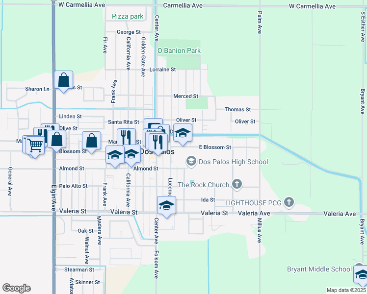 map of restaurants, bars, coffee shops, grocery stores, and more near 1701 East Blossom Street in Dos Palos