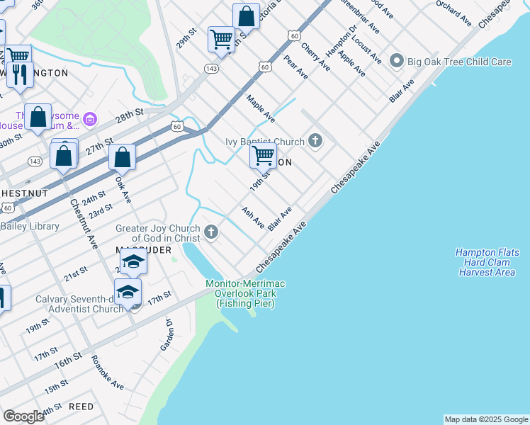 map of restaurants, bars, coffee shops, grocery stores, and more near 43 Cedar Avenue in Newport News