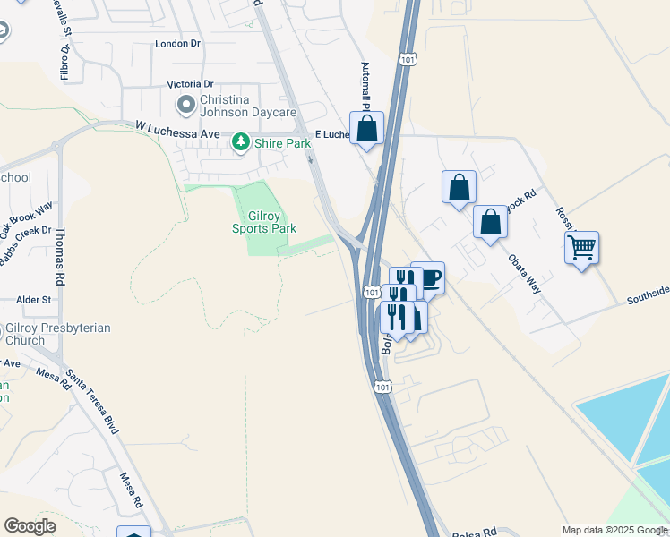 map of restaurants, bars, coffee shops, grocery stores, and more near 5925 Monterey Frontage Road in Gilroy