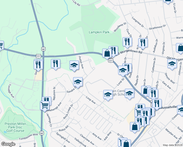 map of restaurants, bars, coffee shops, grocery stores, and more near 501 Eric Avenue in Bowling Green