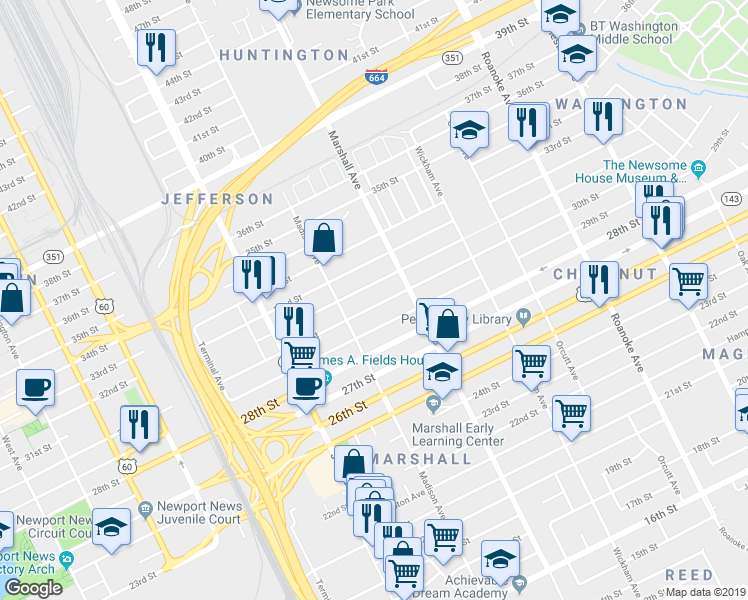 map of restaurants, bars, coffee shops, grocery stores, and more near 744 31st Street in Newport News