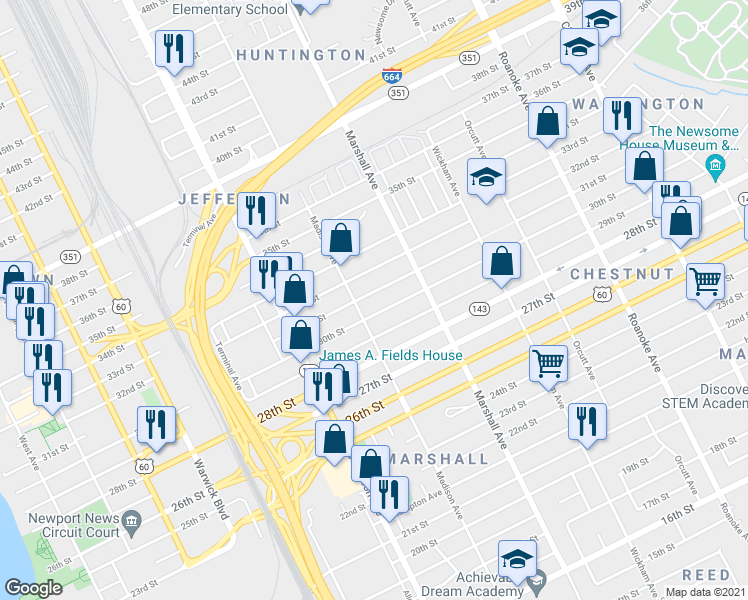 map of restaurants, bars, coffee shops, grocery stores, and more near 712 32nd Street in Newport News
