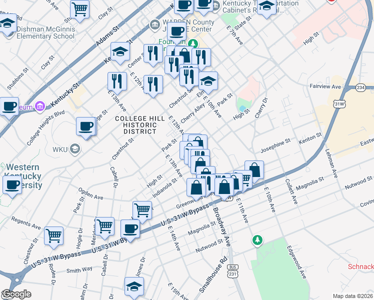 map of restaurants, bars, coffee shops, grocery stores, and more near 713 East 12th Avenue in Bowling Green