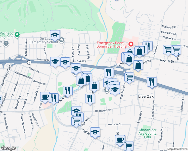 map of restaurants, bars, coffee shops, grocery stores, and more near 2711 Soquel Avenue in Santa Cruz
