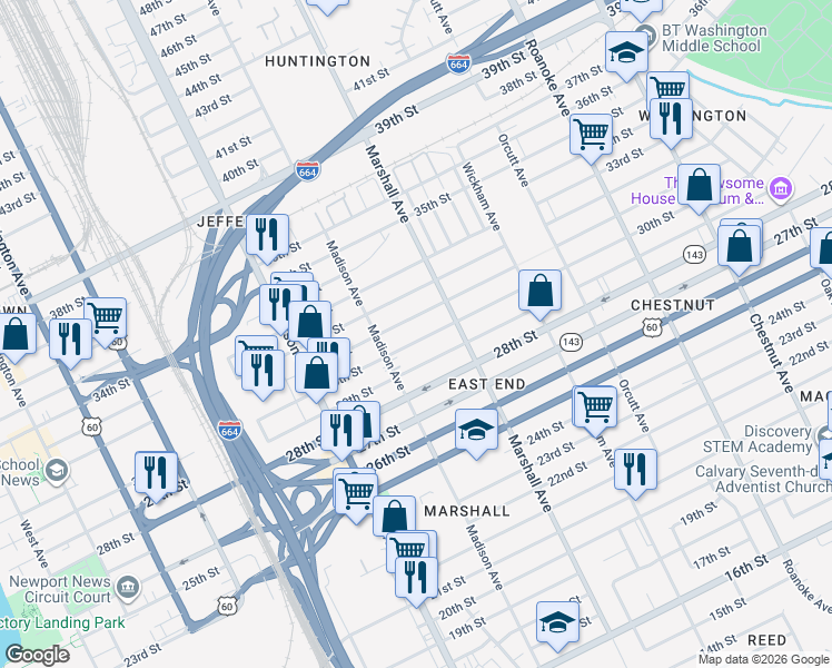 map of restaurants, bars, coffee shops, grocery stores, and more near 744 31st Street in Newport News