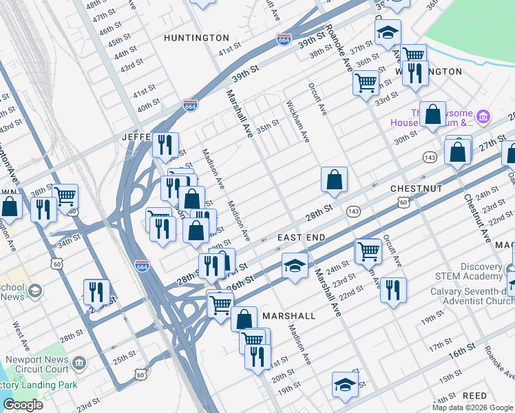 map of restaurants, bars, coffee shops, grocery stores, and more near 744 31st Street in Newport News