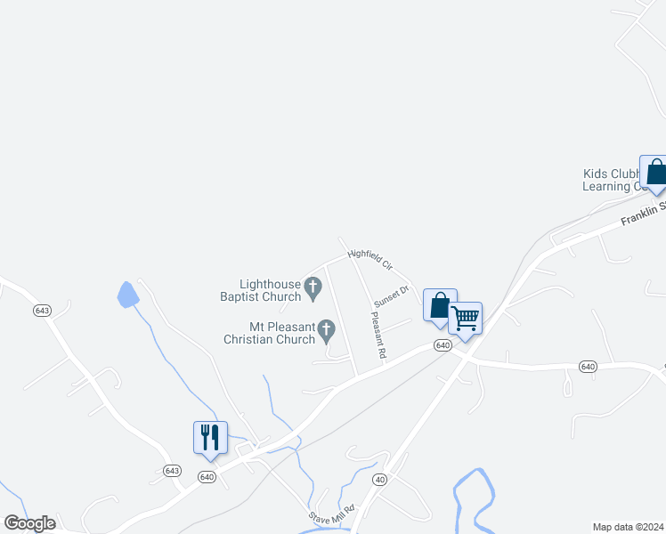 map of restaurants, bars, coffee shops, grocery stores, and more near 18 Highfield Circle in Rocky Mount