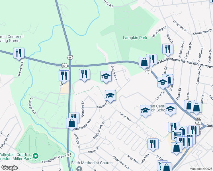 map of restaurants, bars, coffee shops, grocery stores, and more near 1127 Morgantown Road in Bowling Green