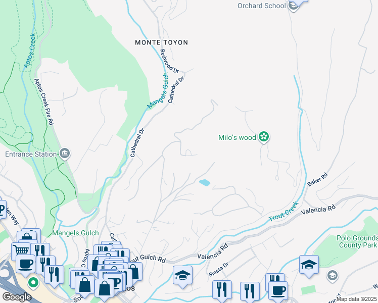 map of restaurants, bars, coffee shops, grocery stores, and more near 645 Quail Run Road in Aptos