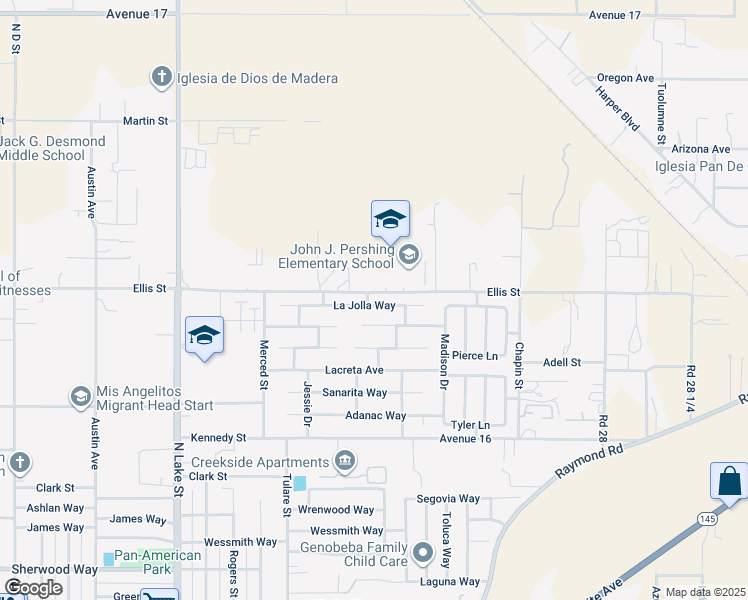map of restaurants, bars, coffee shops, grocery stores, and more near 1511 La Jolla Way in Madera