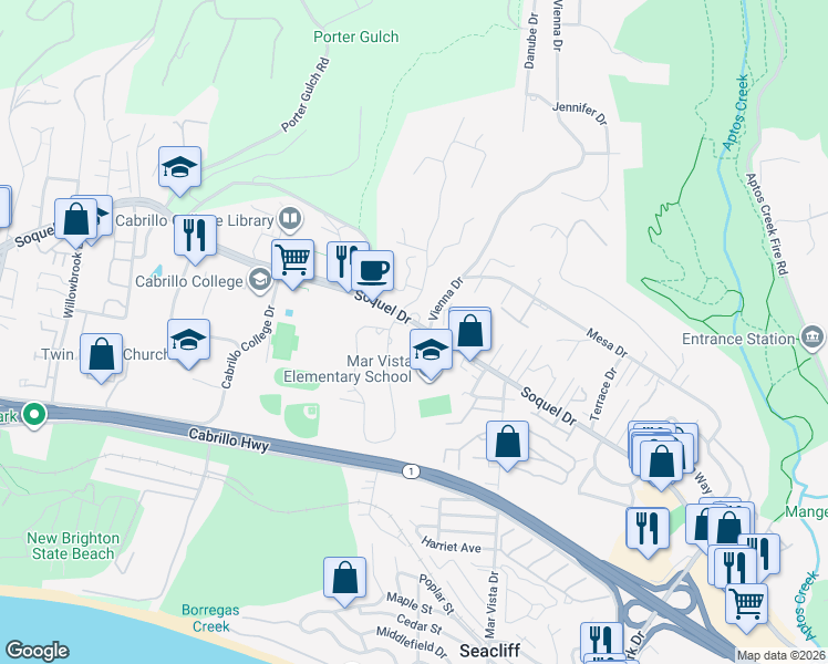 map of restaurants, bars, coffee shops, grocery stores, and more near 6851 Soquel Drive in Aptos