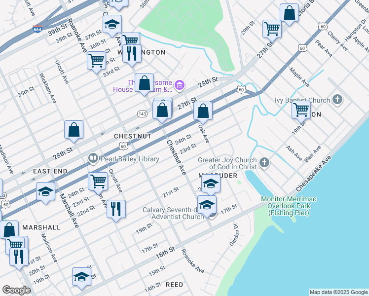 map of restaurants, bars, coffee shops, grocery stores, and more near 1219 23rd Street in Newport News