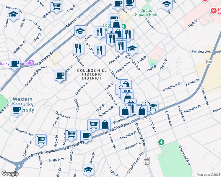 map of restaurants, bars, coffee shops, grocery stores, and more near 1244 Park Street in Bowling Green