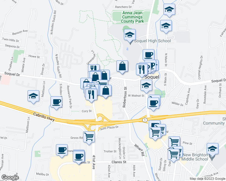map of restaurants, bars, coffee shops, grocery stores, and more near 4300 Soquel Drive in Soquel