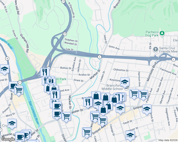 map of restaurants, bars, coffee shops, grocery stores, and more near 218 Brookside Avenue in Santa Cruz