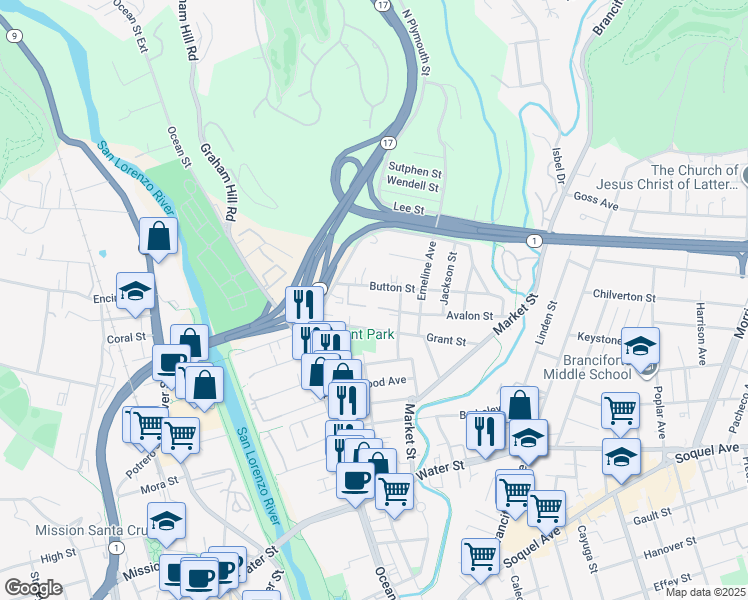 map of restaurants, bars, coffee shops, grocery stores, and more near 207 Button Street in Santa Cruz