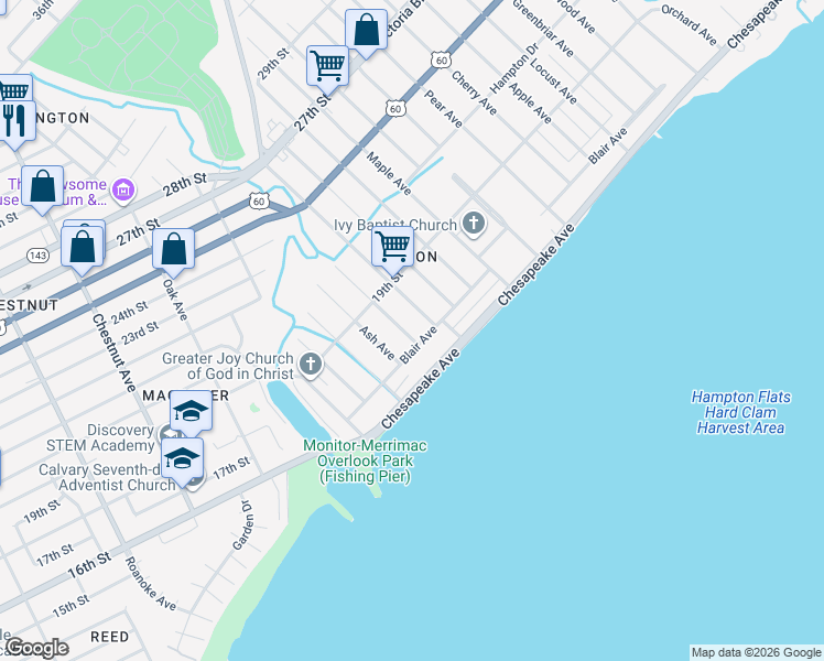 map of restaurants, bars, coffee shops, grocery stores, and more near 41 Buxton Avenue in Newport News