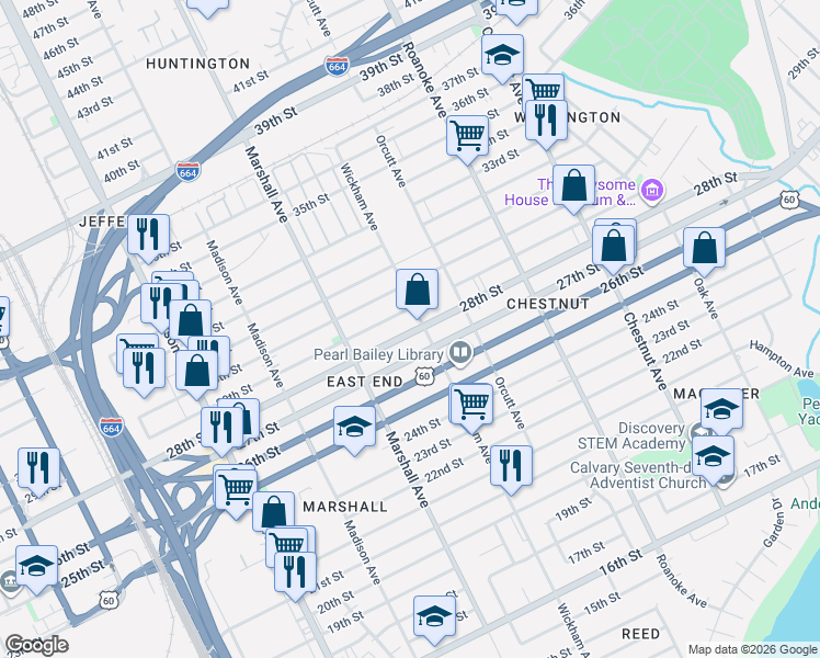map of restaurants, bars, coffee shops, grocery stores, and more near 2800 Wickham Avenue in Newport News