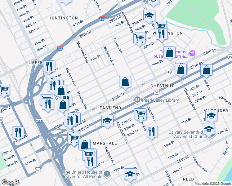 map of restaurants, bars, coffee shops, grocery stores, and more near 837 29th Street in Newport News