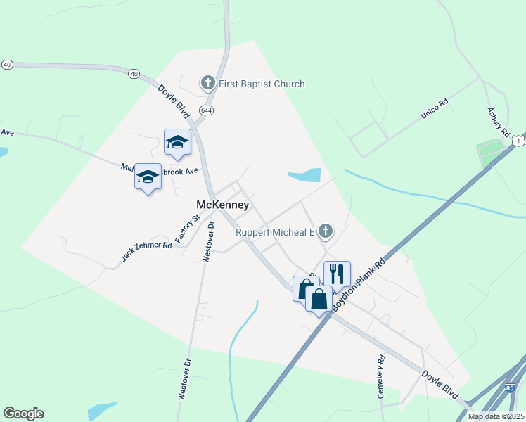 map of restaurants, bars, coffee shops, grocery stores, and more near 20722 2nd Street in McKenney