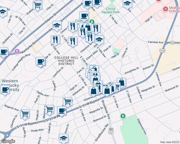 map of restaurants, bars, coffee shops, grocery stores, and more near 713 East 12th Avenue in Bowling Green