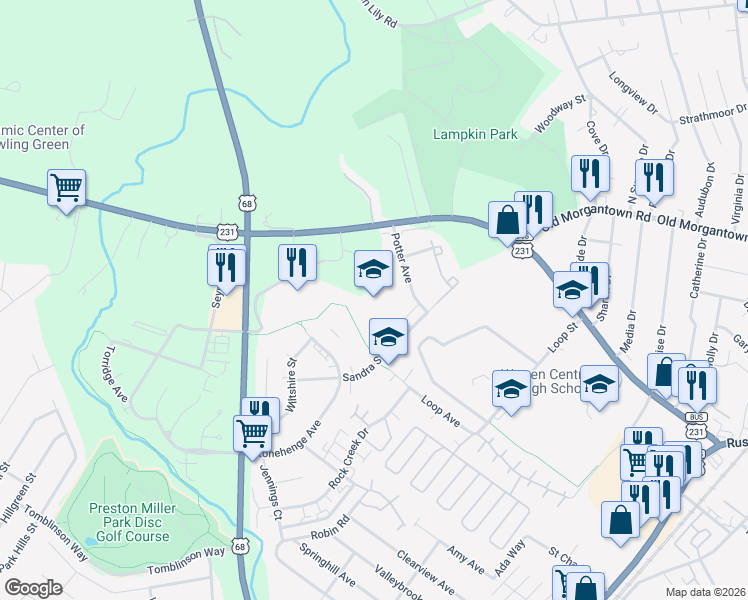 map of restaurants, bars, coffee shops, grocery stores, and more near Greenway in Bowling Green