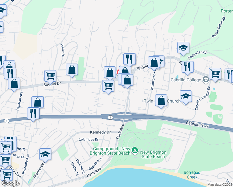 map of restaurants, bars, coffee shops, grocery stores, and more near 204 Nathan Court in Soquel