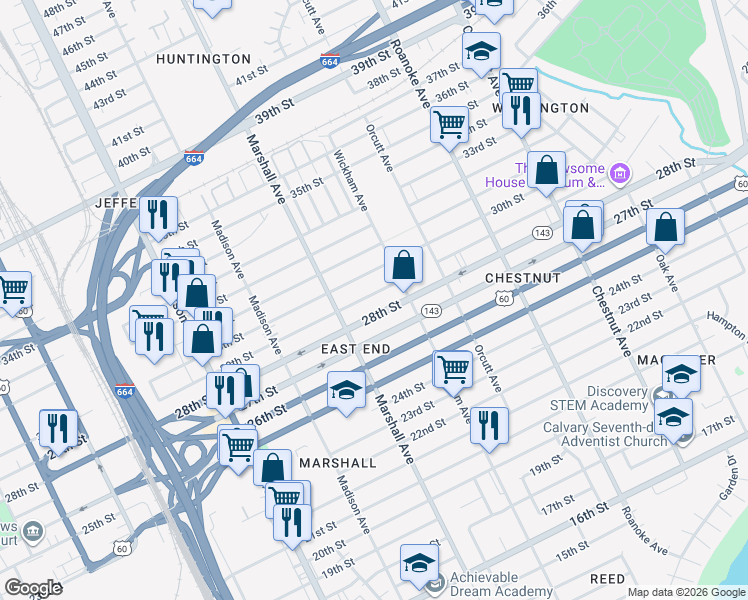 map of restaurants, bars, coffee shops, grocery stores, and more near 837 29th Street in Newport News