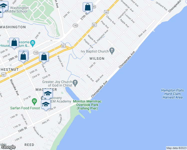 map of restaurants, bars, coffee shops, grocery stores, and more near 49 Cedar Avenue in Newport News