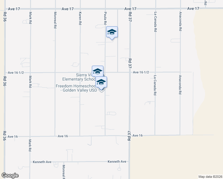 map of restaurants, bars, coffee shops, grocery stores, and more near 16397 Paula Road in Madera