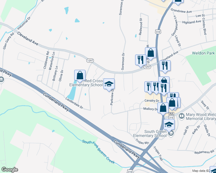 map of restaurants, bars, coffee shops, grocery stores, and more near 215 Parkview Drive in Glasgow