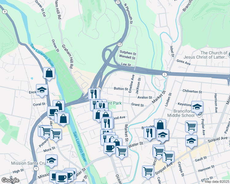 map of restaurants, bars, coffee shops, grocery stores, and more near 200 Button Street in Santa Cruz