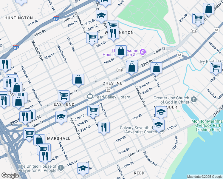 map of restaurants, bars, coffee shops, grocery stores, and more near in Newport News