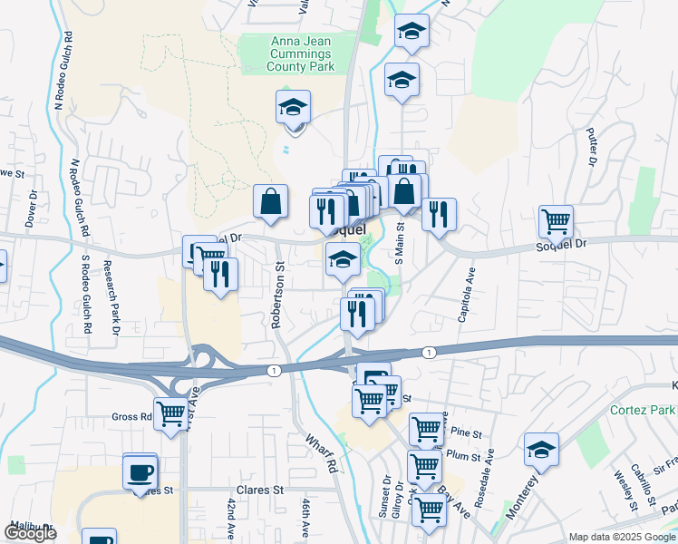 map of restaurants, bars, coffee shops, grocery stores, and more near 2815 Porter Street in Soquel