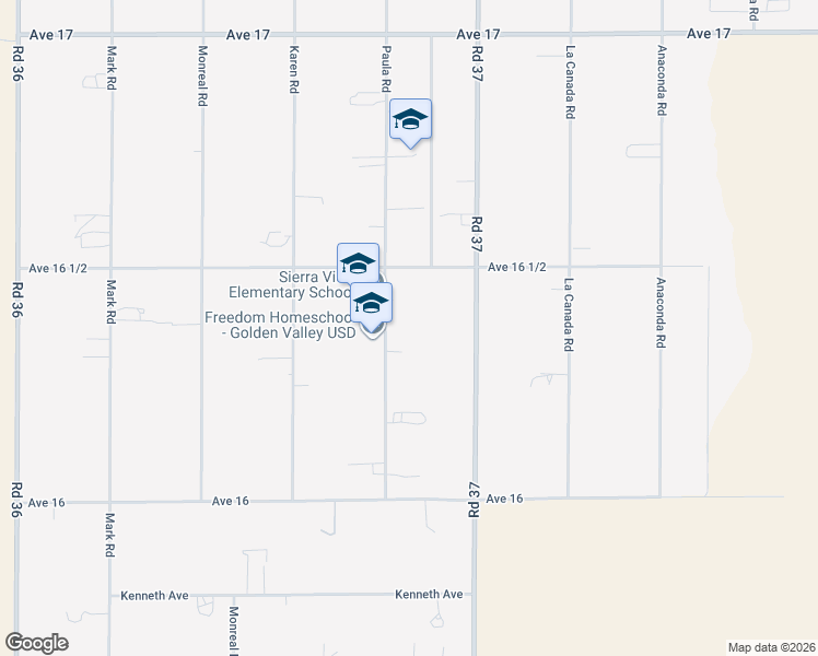 map of restaurants, bars, coffee shops, grocery stores, and more near 16397 Paula Road in Madera