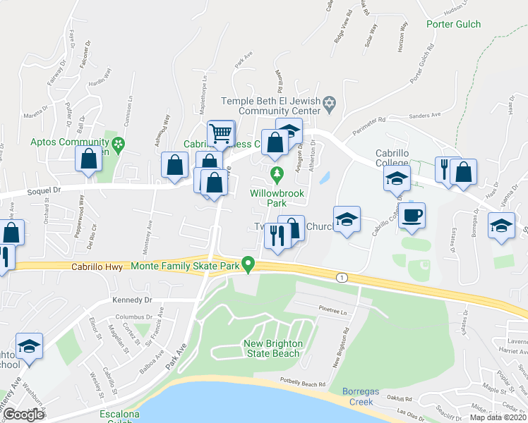 map of restaurants, bars, coffee shops, grocery stores, and more near 6116 Abbey Road in Aptos