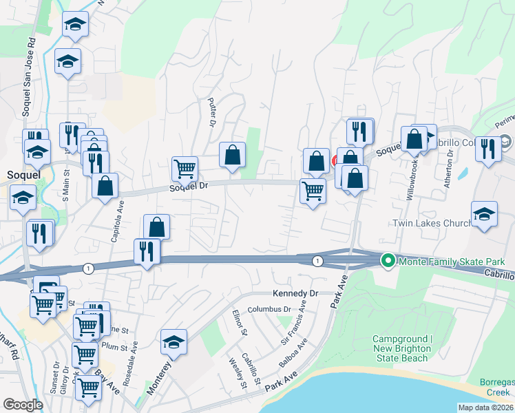 map of restaurants, bars, coffee shops, grocery stores, and more near 51 Pepperwood Way in Soquel