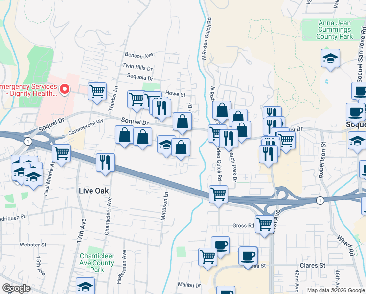 map of restaurants, bars, coffee shops, grocery stores, and more near 2965 Mattison Lane in Santa Cruz
