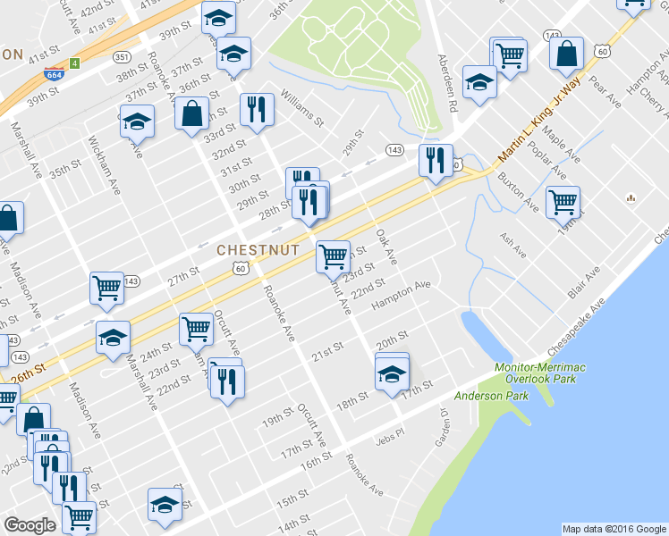 map of restaurants, bars, coffee shops, grocery stores, and more near 1211 24th Street in Newport News