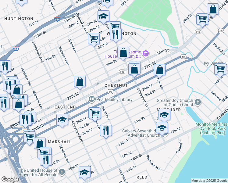 map of restaurants, bars, coffee shops, grocery stores, and more near in Newport News