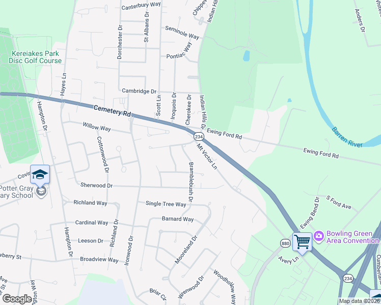 map of restaurants, bars, coffee shops, grocery stores, and more near Mount Victor Lane in Bowling Green