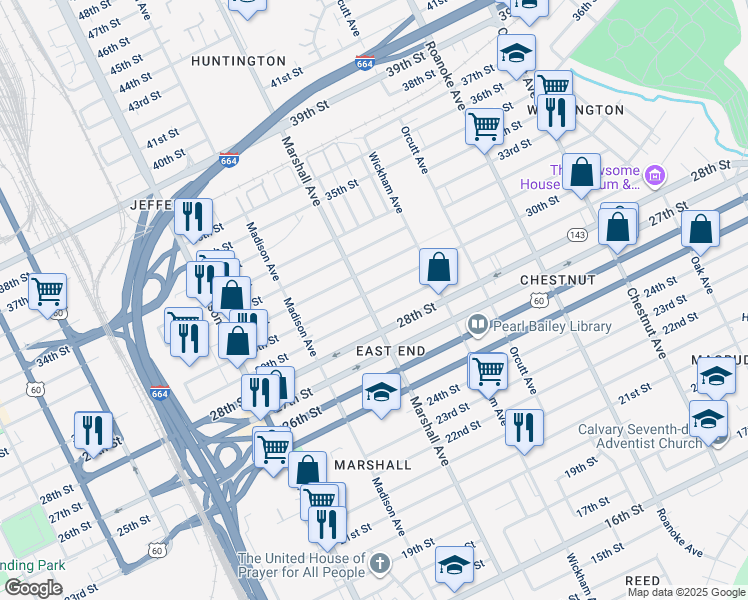 map of restaurants, bars, coffee shops, grocery stores, and more near 2908 Marshall Avenue in Newport News