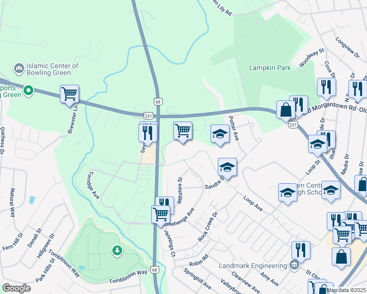 map of restaurants, bars, coffee shops, grocery stores, and more near 1201 Morgantown Road in Bowling Green