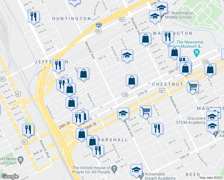 map of restaurants, bars, coffee shops, grocery stores, and more near 2908 Marshall Avenue in Newport News